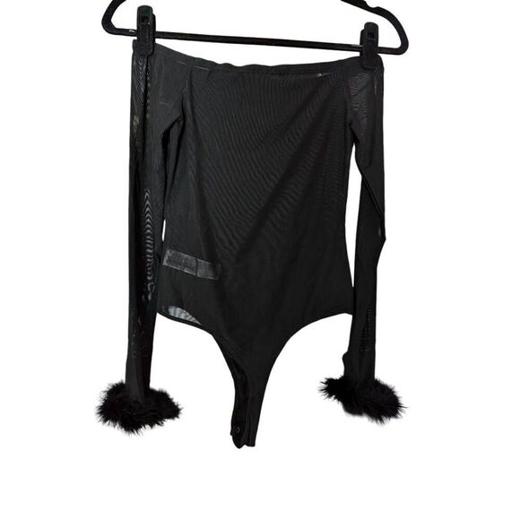 Forever 21 mesh feather trimmed sleeves bodysuit Small - Picture 1 of 4